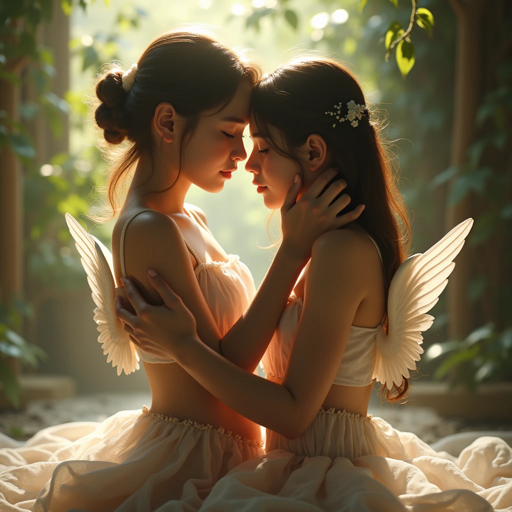 White Background、Professional Lighting、(((Professional Lighting 1.5)))、Translucent skin texture、Beautiful Skin、Beautiful Skin、、(((Tiny Bra 1.5)))、(((High Leg 1.5)))、(((See-through 1.2)))、fluttering feathers、Ecstasy of Musical Notes、((Nude 1.5))、Face close-up、Professional Lighting、Flowing hair and clothes、(((kissing pose 1.4)))、２People Girl、