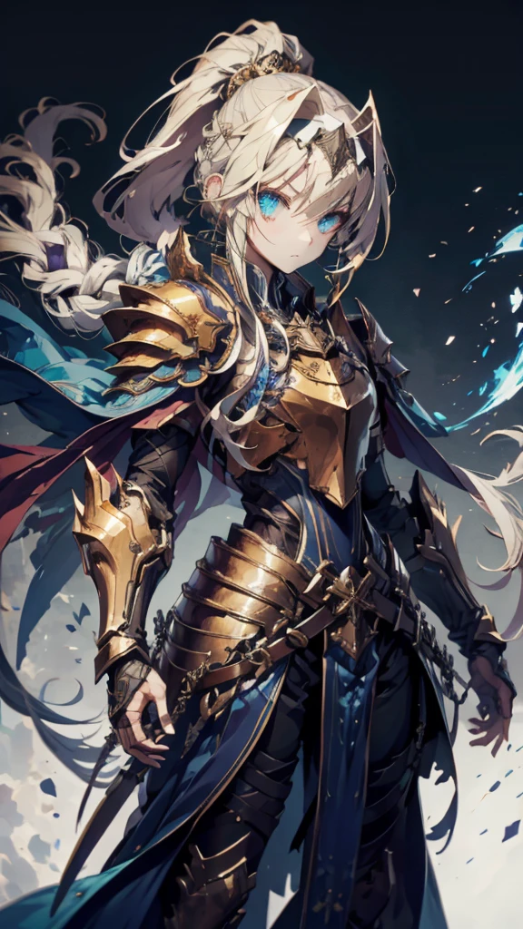  high resolution on down,  Unity 8k Wallpaper , longsword , (美しい detailed eyes on board:1.16),  extra detailed face with fashionable colors、 Alignment Night Alice 、Synthetic 30 , Wield the Holy Sword、bangs,  blue eyes,  blond hair,  hair between eyes ,  very long hair,  braided ,  headband, 白い headband,Break Dress, Cape, armor,  blue dress,  shoulder armor,  Gauntlet ,  Paulons , breastplate, Armored Dress, drop down, ブルーCape, knight, 金のarmor,  Pretty Girl Without Complaints 、[3D Images:1.25],[[ charming eyes , detailed eyes on board、 colorful eyes 、Sparkling Eyes:1.25]]、armor, Best Quality,  high resolution on down,  Unity 8k Wallpaper , (Illustration:0.8), (美しい detailed eyes on board:1.16),  extra detailed face with fashionable colors、Dress appropriately, Beautiful fingers,Ultra-precision、Holy sword in hand