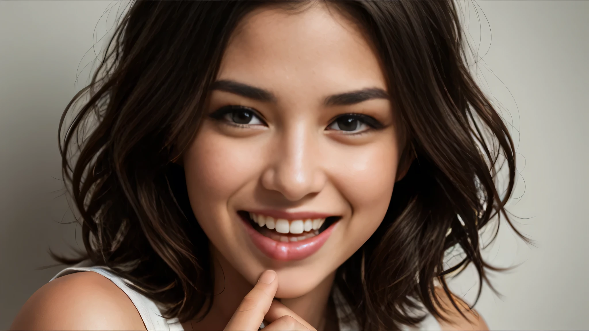 "Black-and-white album cover style 8K photograph. Centered is a close-up of a woman’s face with a soft, short haircut featuring gentle curls. She is laughing with her mouth wide open, radiating joy and warmth, creating a nostalgic and classic atmosphere. The background is simple or softly blurred, with strong contrast between light and shadow to emphasize her expressive laughter. The design is minimal yet impactful, capturing a timeless album cover aesthetic."