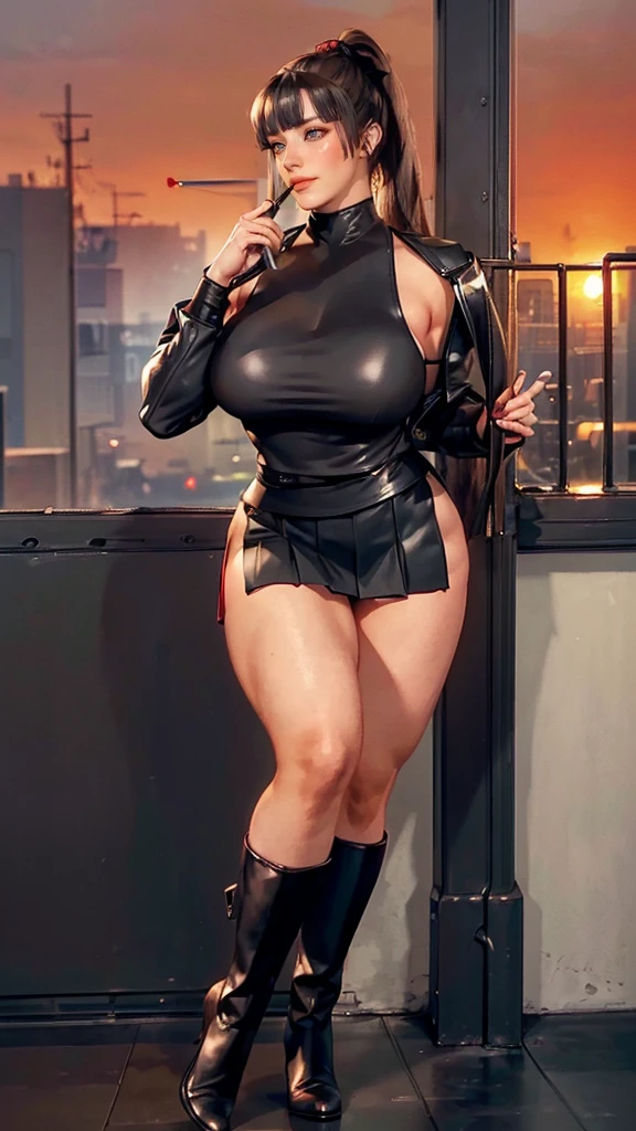 officer,officer ,((beautiful prostitute))),( sagging huge long wide heavy breasts),( (masterpiece) woman, Dressing (( black and red leather sports top, black leggings and a pleated leather skirt, long leather jacket, high heel boot, holding a book in one hand and a glass of wine in the other)) , Appearance ((black hair tied up in a high ponytail, modelo plus size, bright brown eyes,  detailed eyes,  red lips )), Environment, walking on a foggy street at sunset
