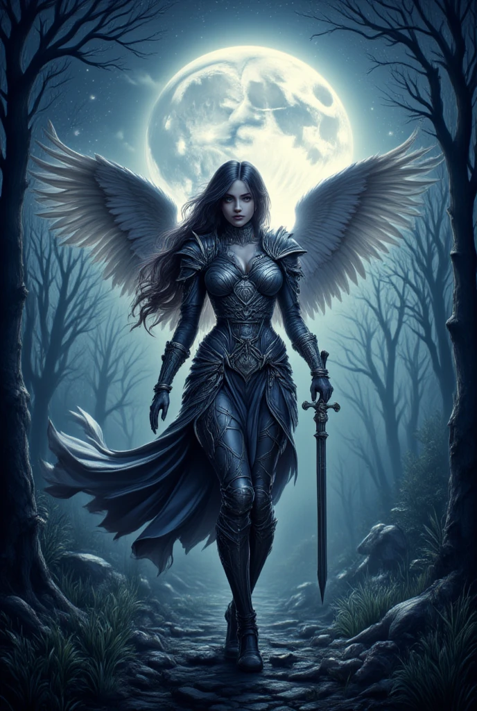 an epic fantasy art portrait of aasimar, female, paladin ready for battle under the full moon, holy warrior, spread large feathered wings, majestic wings, white angelic wings spread (Masterpiece, intense details: 1.5), moon light, moon, stars, clouds, holy symbol, armed with a divine sword, wearing holy armor, dynamic hair color, dynamic hair style, dynamic skin complexion, dark fantasy forest background, anatomically correct (Masterpiece 1.3, intense details), angel_wings, determined face, god rays, cinematic lighting, glowing light, silhouette, from outside, photorealism, panoramic view (Masterpiece 1.3, intense details) , Wide-Angle, Ultra-Wide Angle, 16k, highres, best quality, high details, 16K, ultra detailed, masterpiece, best quality, (extremely detailed), arafed, dnd art, portrait, full body,  hyp3rd3tail style, ral-ertmsphr