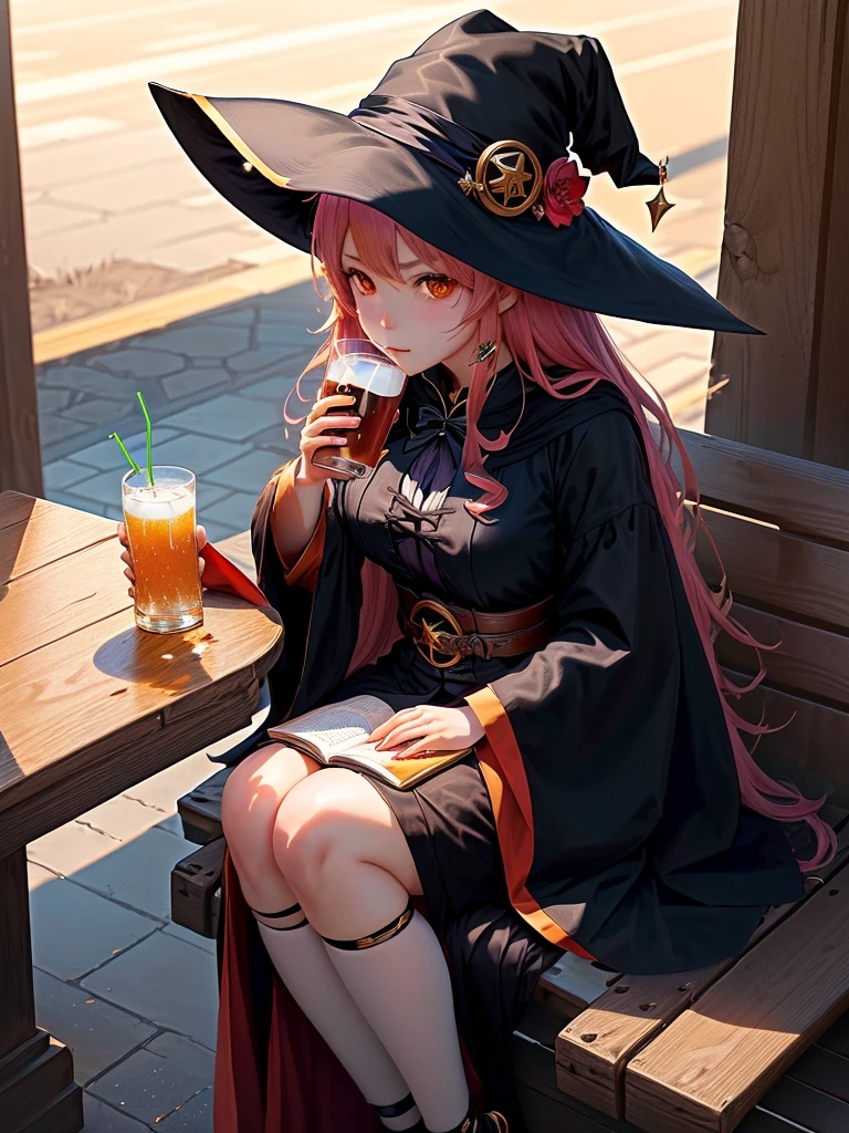 anime girl wearing a witch hat sitting on a bench , I'm wearing a black witch robe 、Gold and red decorations on hat and robe 、With a drink,  Splash Art Anime Lori ,   anime girl sitting at a city table drinking energy drink ,  Anime Visual of a Cute Girl , alchemist girl , best anime 4k konachan wallpaper, Witch Girl,  drinking beer , Popular Isekai anime , isekai, Holding the drink in your right hand and the book in left hand,  anatomically correct, Obey the laws of physics, 