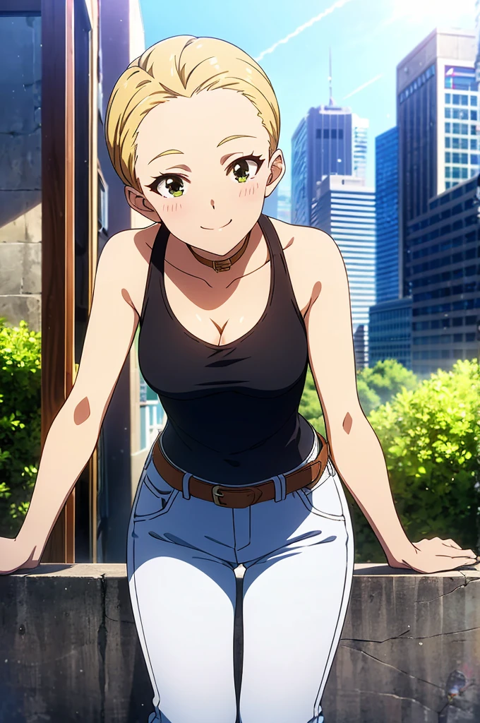 mirishita style, 1girl, solo, {idol outfit, masterpiece}, smile, short hair, forehead, blonde, cinematic light, black tank top, cleavage, breast, white jeans, belt, city, outdoors, {small bust}