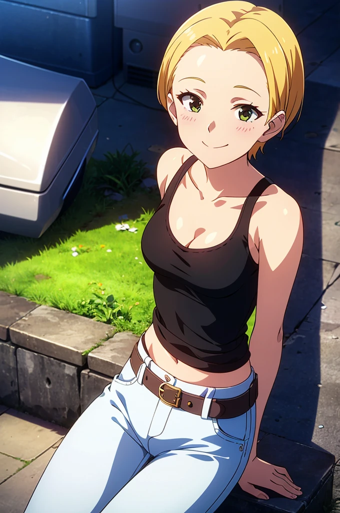 masterpiece, best quality, 1girl, solo, vibrant short blonde hair, bobhair, short-hair, short bob hair, (((bobcut))), bob haircut, very short bob cut, lip length hair, blunt ends, (sliced_bob), buzzed nape ((haircut:1.3)), undercut, bobbed hair, minibob, sidecut, shaved, green eyes, graduation bob, straight short hair, short hair above the ears, (showing armpit:1.2), Shot diagonally from the side, elegant braid, masterpiece, best quality, 1girl, medium breasts, wall, graffiti, t-shirt, pants, smile, sleeveless, tattoos