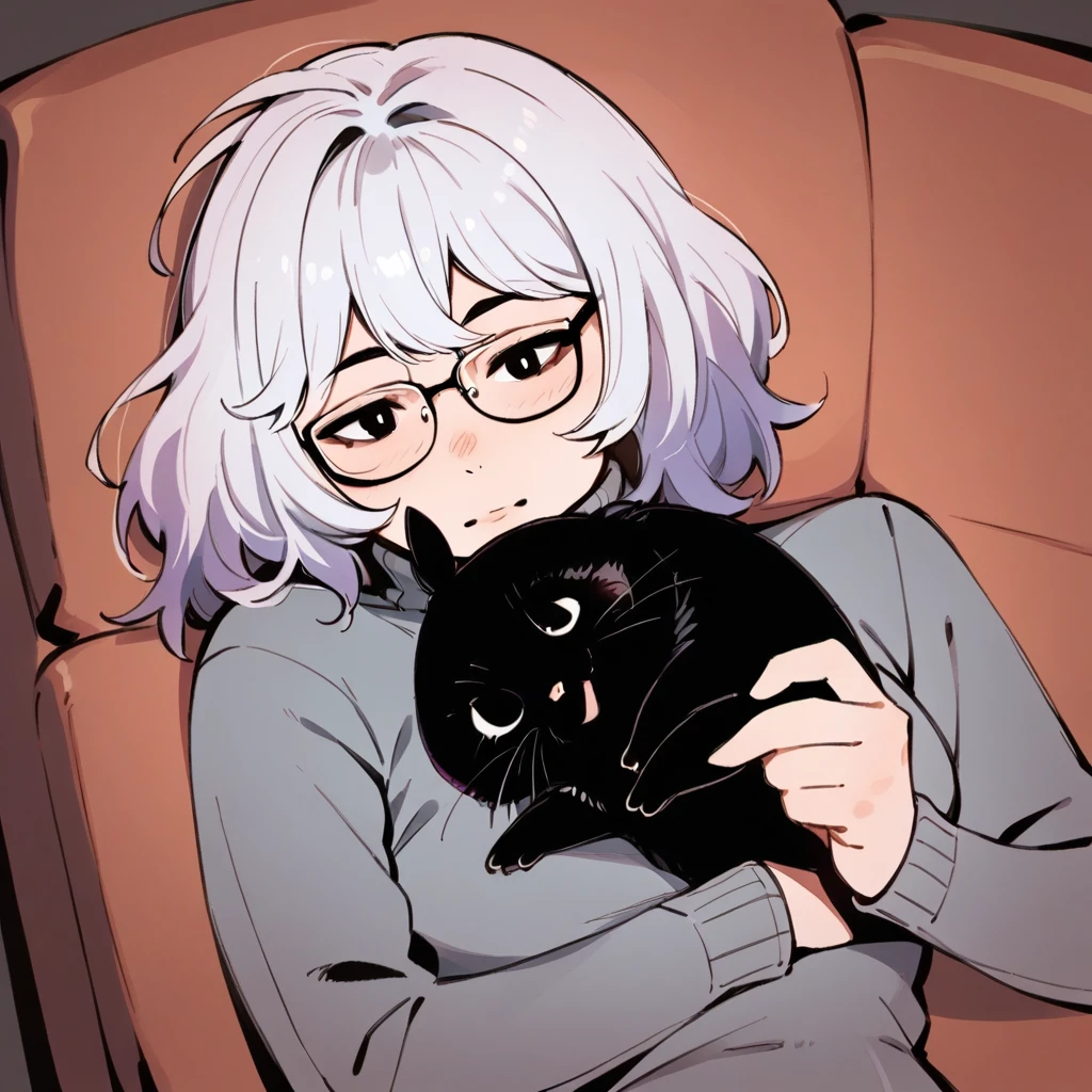 score_9, score_8_up, score_7_up, score_6_up, score_5_up, score_4_up, source_anime, BREAK    1girl,  adorable face , holding a black kitten , gray turtleneck sweater, white hair, lying on a couch, cozy vibe, medium hair,purple hair, glasses