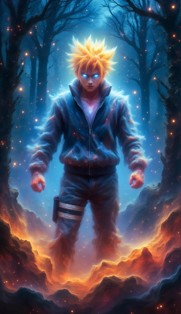 Naruto with bright blue, intense eyes, glowing with power as he performs Rasengan, his spiky blond hair illuminated by bright yellow highlights. He stands in a neon-lit forest, surrounded by particles of light and sparkling water droplets, with vivid blue and orange reflections that intensify his determined expression.