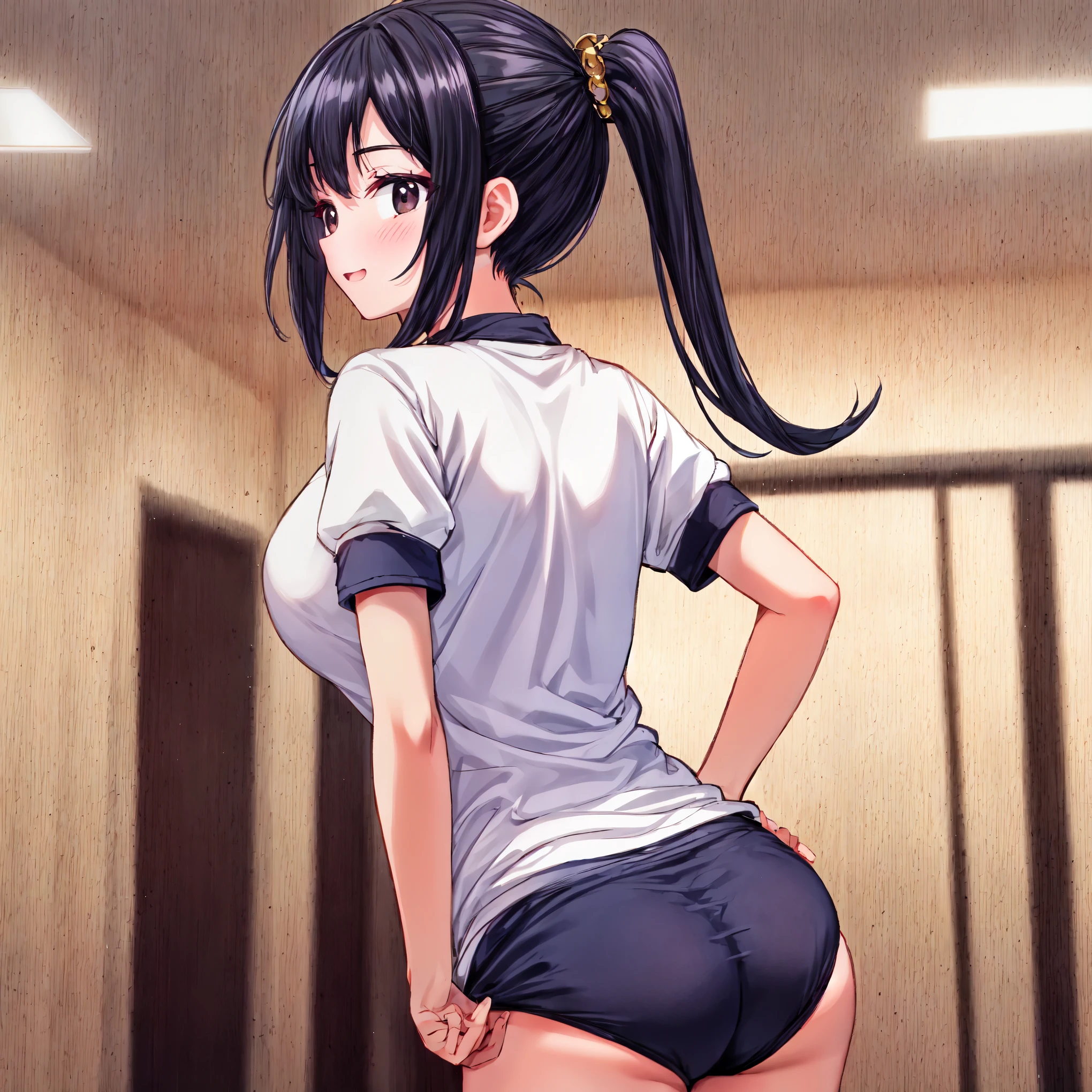 A thin female student with small breasts,{laughing},{nsfw},locker room,swimsuit,undressing,changing clothes with a friend