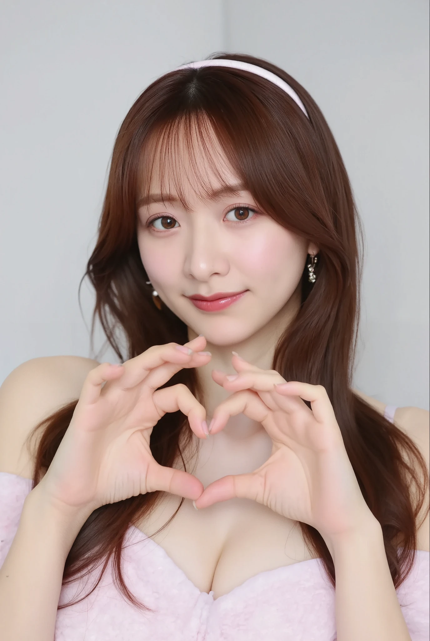 Only one woman with a cute smile wears cute, fluffy off-shoulder pajamas, makes a big heart shape with both hands, and poses them in front of her chest, View above collarbone、The background is a monotone 

