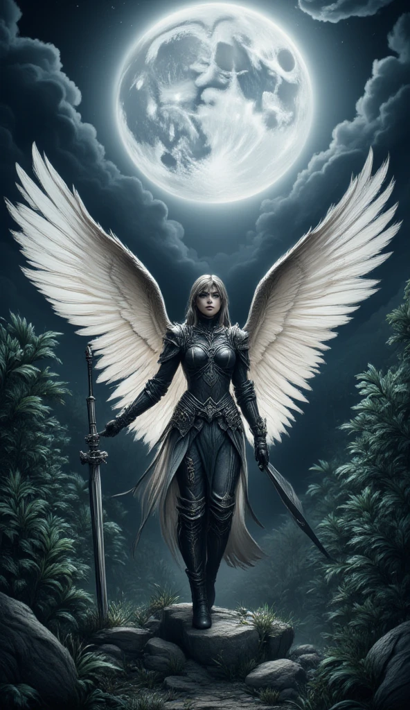 an epic fantasy art portrait of aasimar, female, paladin ready for battle under the full moon, holy warrior, spread large feathered wings, majestic wings, white angelic wings spread (Masterpiece, intense details: 1.5), moon light, moon, stars, clouds, holy symbol, armed with a divine sword, wearing holy armor, dynamic hair color, dynamic hair style, dynamic skin complexion, dark fantasy (forest background: 1.3), anatomically correct (Masterpiece 1.3, intense details), angel_wings, determined face, god rays, cinematic lighting, glowing light, silhouette, from outside, photorealism, panoramic view (Masterpiece 1.3, intense details) , Wide-Angle, Ultra-Wide Angle, 16k, highres, best quality, high details, 16K, ultra detailed, masterpiece, best quality, (extremely detailed), arafed, dnd art, portrait, full body,  hyp3rd3tail style, ral-ertmsphr