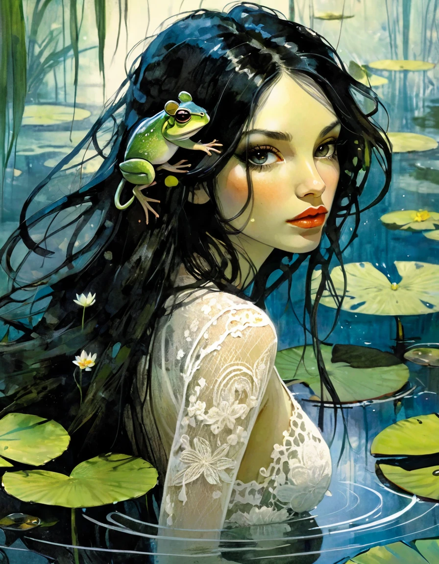 ((woman and her pet rat) long black hair, eroticism, sexy, black and white image, between shadows,in the water of a dark swamp with water lilies, oil painting, dramatic lighting, dramatic contrast, chiaroscuro, detailed face, sensual expression, elegant pose, female figure, mysterious, moody, cinematic, dark romantic, Bill Sienkiewicz inspired, dark atmosphere, powerful composition, dramatic shadows, high quality, photorealistic, masterpiece (best quality,4k,8k,highres,masterpiece:1.2),ultra-detailed,(realistic,photorealistic,photo-realistic:1.37),intricate details,,sharp focus,professional,Dave McKean artwork, oil touch of surrealism,oil painting style,portrait,woman,beautiful detailed eyes,beautiful detailed lips,dreamlike atmosphere,shadow play,soft lighting,playful pose,dark hues,ethereal background,fantasy elements,texture,layered composition.
