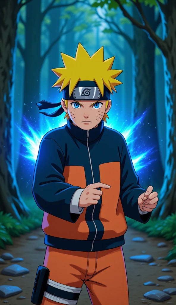 Naruto with bright blue, intense eyes, glowing with power as he performs Rasengan, his spiky blond hair illuminated by bright yellow highlights. He stands in a neon-lit forest, surrounded by particles of light and sparkling water droplets, with vivid blue and orange reflections that intensify his determined expression.