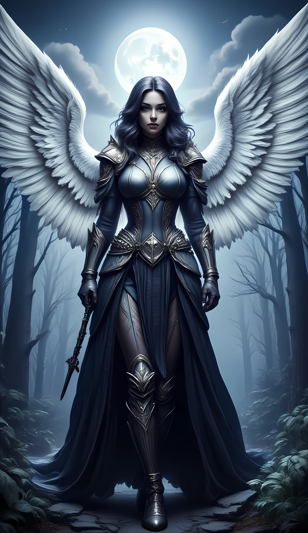 an epic fantasy art portrait of aasimar, female, paladin ready for battle under the full moon, holy warrior, spread large feathered wings, majestic wings, white angelic wings spread (Masterpiece, intense details: 1.5), moon light, moon, stars, clouds, holy symbol, armed with a divine sword, wearing holy armor, dynamic hair color, dynamic hair style, dynamic skin complexion, dark fantasy (forest background: 1.3), anatomically correct (Masterpiece 1.3, intense details), angel_wings, determined face, god rays, cinematic lighting, glowing light, silhouette, from outside, photorealism, panoramic view (Masterpiece 1.3, intense details) , Wide-Angle, Ultra-Wide Angle, 16k, highres, best quality, high details, 16K, ultra detailed, masterpiece, best quality, (extremely detailed), arafed, dnd art, portrait, full body,  hyp3rd3tail style, ral-ertmsphr