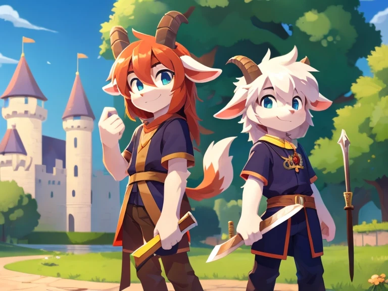 Two furry boys, cute goats with shiny hair, plain clothes, castle background, high quality, a masterpiece holding a wooden sword 