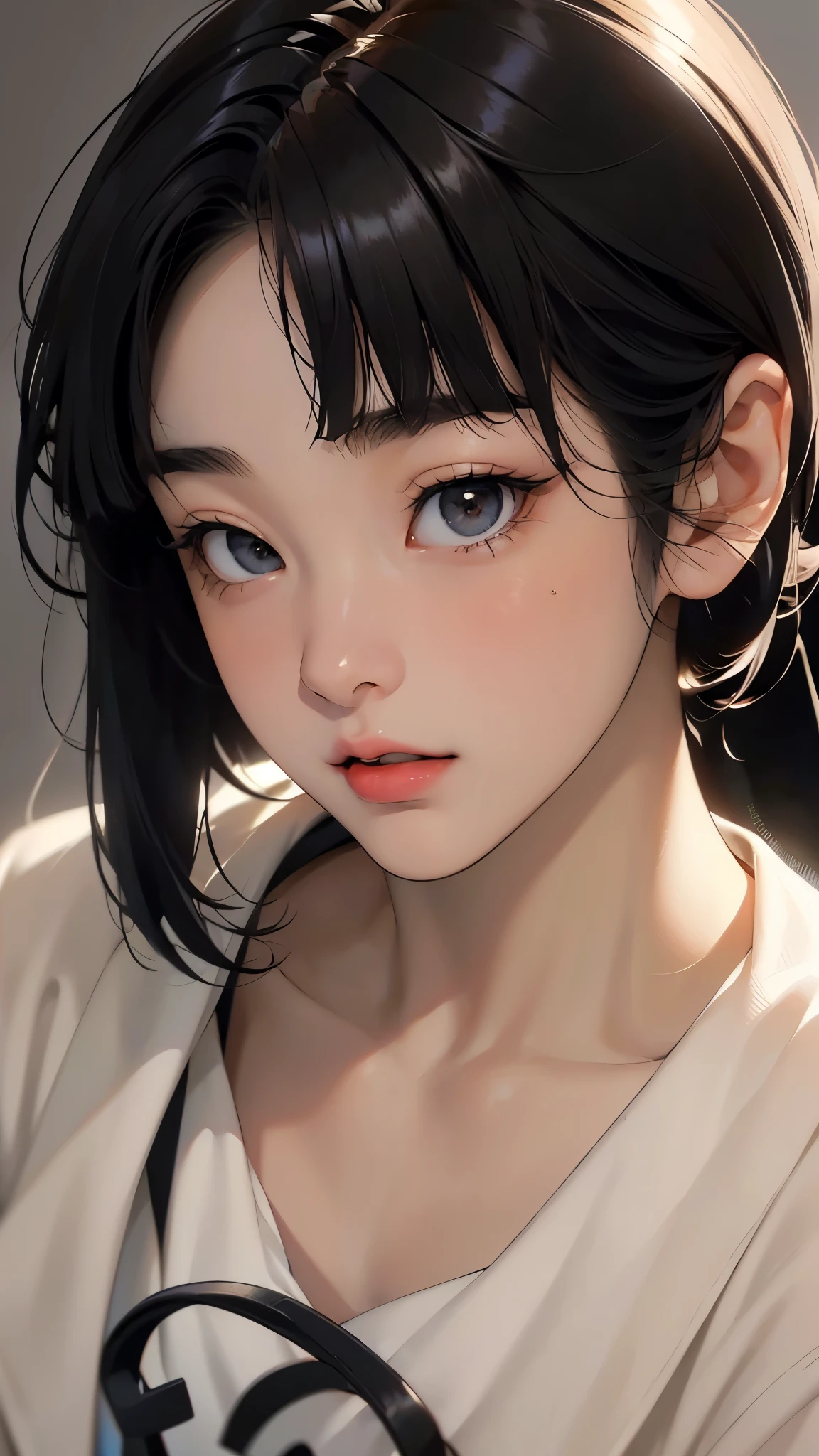 (Leica 10772 M-P, 85mm macro lens, F/8 aperture, film still), (RAW shooting, Photoreal:1.5, 8K, super quality, masterpiece, super high resolution), city background, highly detailed skin and face texture:1.2, Japanese girl, (fox eyes:1.2), 22 years old, straight hair, light skin, white skin, emphasized chest, very short hair, (blunt bangs:1.5), (black hair:1.3), beautiful black eyes,