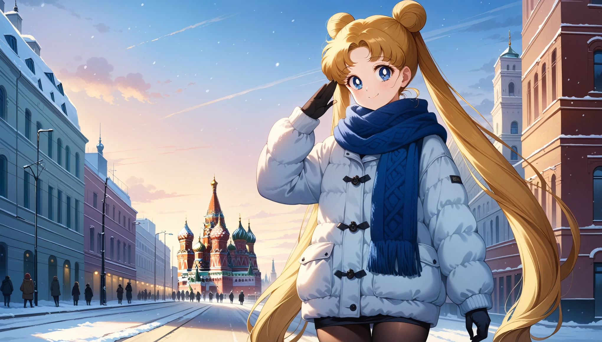 (masterpiece, best quality, very aesthetic, ultra detailed), intricate details, 4k, aausagi, 1girl, long hair, double bun, twintails, parted bangs, blue eyes, street, winter clothes, blue scarf, snow, moscow, smile, indoors, standing, cowboy shot, salute, evening time