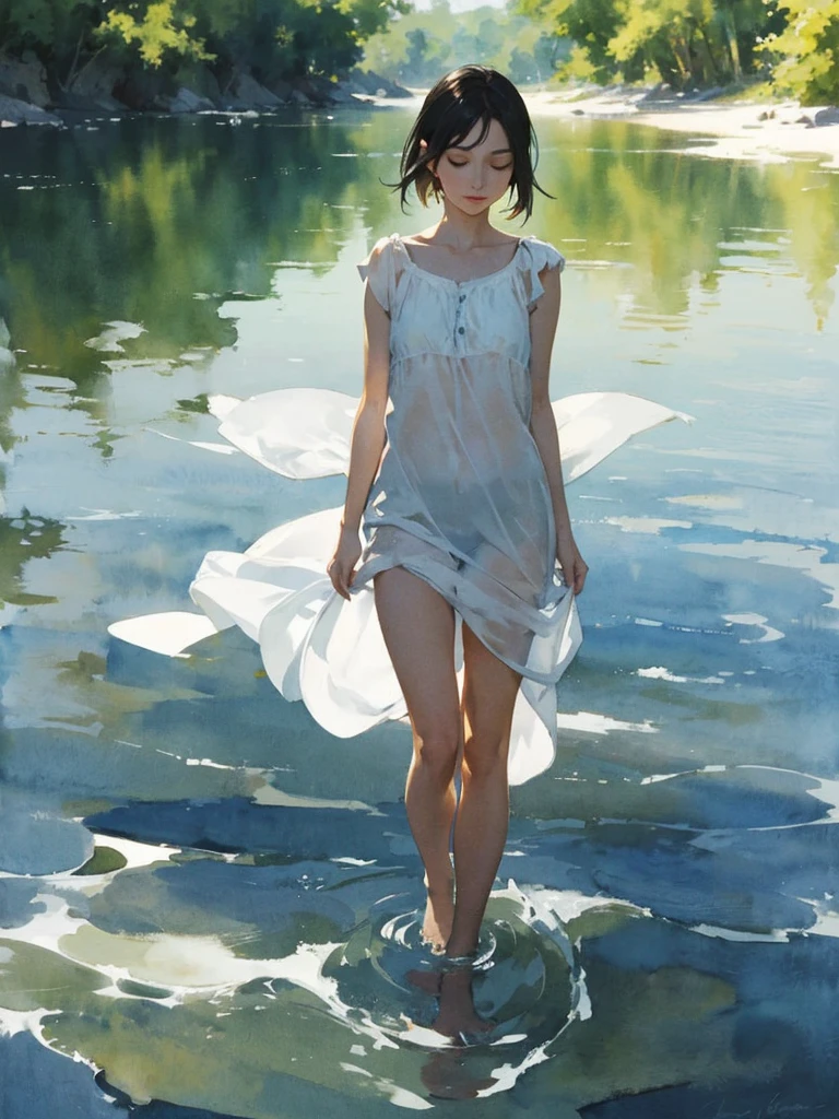 beautiful slender sophisticated girl (with a very beautiful, sophisticated face of the southern type with almond-shaped eyes and delicate lips) barefoot (in a very short light summer sundress) with tender breasts in the rain in the summer forest, purple thunderstorm, in watercolor style