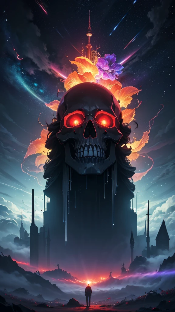 (Best quality,4K,A high resolution,tmasterpiece:1.2),ultra - detailed,actual:1.37,pixel sorted,（（（Red ，fork， Rayloom flowers))),Interstellar clouds and fog background，Polished，silver skull,light composition,rainbowing，rainbowing around skull,Colorful,Domineering renderings of various structures,Brilliant circular composition,Alone