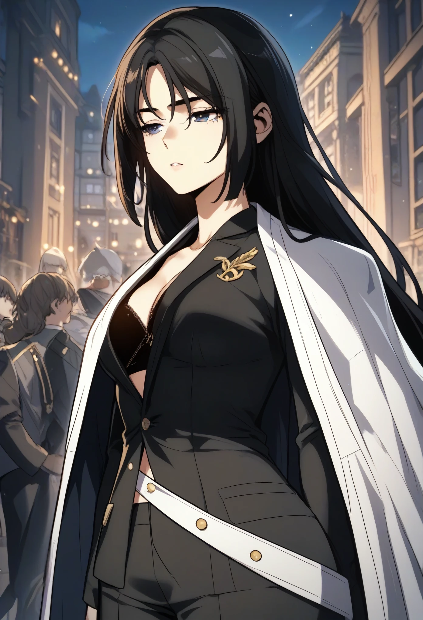 LuniaArden, long hair, black hair, dark blue eyes,
black suit, black bra, black gloves, half gloves, navel, white belt, captain coat on shoulder
