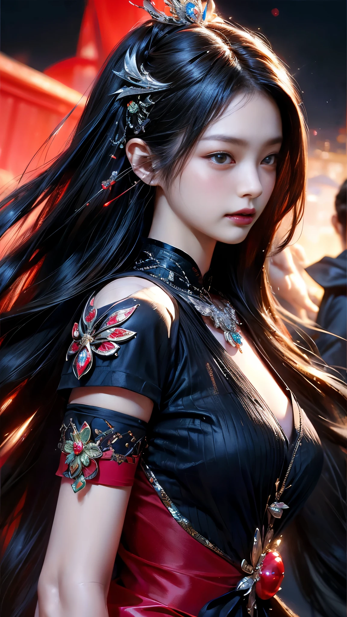 Masterpiece,Game art,The best picture quality,Highest resolution,8K,(Portrait),Unreal Engine 5 rendering works,(Digital Photography),((Portrait Feature:1.5)),
20 year old girl,Short hair details,With long bangs,(The red eye makeup is very meticulous),(With long gray hair:1.4),(Large, full breasts),Elegant and noble,Brave and charming,
(Future armor combined with the characteristics of ancient Chinese armor,Hollow design,Power Armor,The mysterious Eastern runes,A delicate dress pattern,A flash of magic),Warrior of the future,Cyberpunk figures,Background of war,
Movie lights,Ray tracing,Game CG,((3D Unreal Engine)),OC rendering reflection pattern