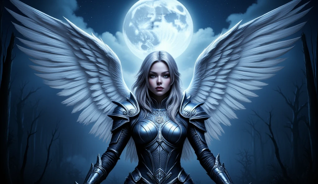 an epic fantasy art portrait of aasimar, female, paladin ready for battle under the full moon, holy warrior, spread large feathered wings, majestic wings, white angelic wings spread (Masterpiece, intense details: 1.5), moon light, moon, stars, clouds, holy symbol, armed with a divine sword, wearing holy armor, dynamic hair color, dynamic hair style, dynamic skin complexion, dark fantasy (forest background: 1.3), anatomically correct (Masterpiece 1.3, intense details), angel_wings, determined face, god rays, cinematic lighting, glowing light, silhouette, from outside, photorealism, panoramic view (Masterpiece 1.3, intense details) , Wide-Angle, Ultra-Wide Angle, 16k, highres, best quality, high details, 16K, ultra detailed, masterpiece, best quality, (extremely detailed), arafed, dnd art, portrait, full body,  hyp3rd3tail style, ral-ertmsphr