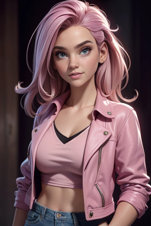 Young woman, light pink hair, violet eyes, short jacket,  ironic smile,  well-fitting blouse , tailored jeans ,  classic sneakers, face to the camera,  Dynamic Pose ,  masterpiece , super detail,  lyrics,  natural lighting ,  sharp focus,  ultra resolution ,  plain white background , without patterns, No textures. 