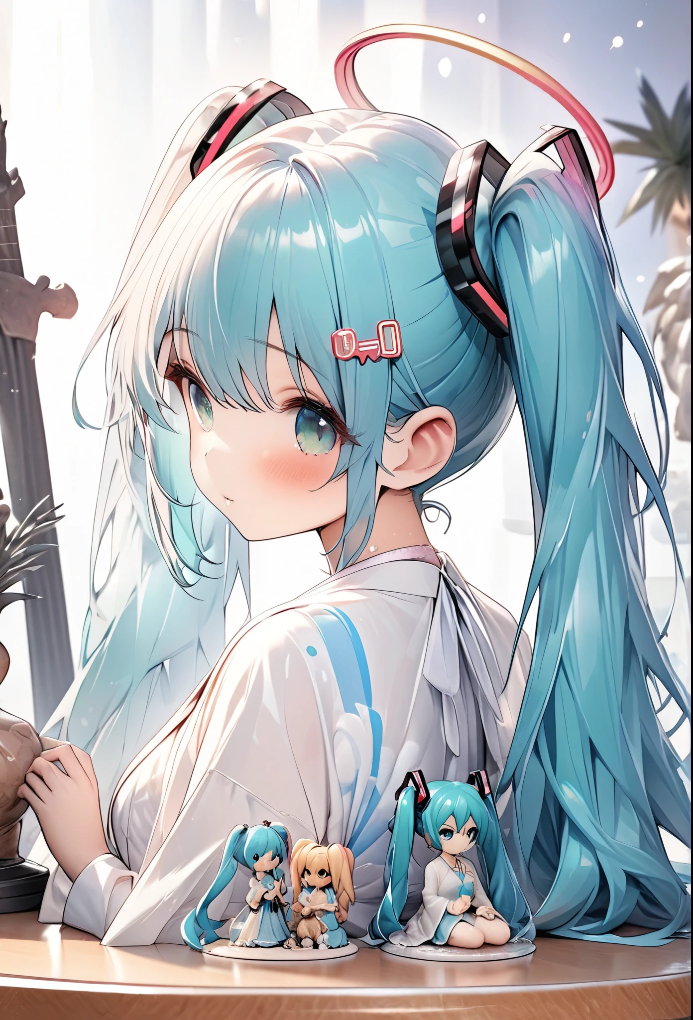 ((masterpiece))),(((Highest quality))),((Very detailed)),(figure),(Beautiful fine details),(Detailed Light) (One person)、Hatsune Miku、Summer image、good job、Petting me、