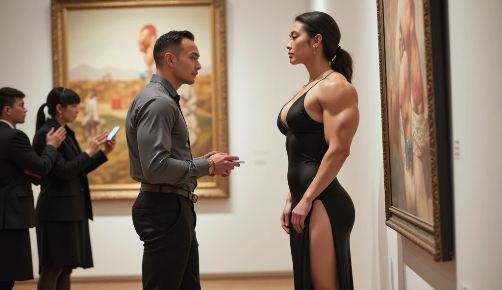 Lina Zhang, a 28-year-old Chinese model standing 1.88 meters tall with impressive musculature and unique beauty, is in a contemporary art gallery in Shanghai. She wears an elegant long black silk dress with side slits that showcase her powerful, muscular legs. Beside her, a man of average height looks up in awe, aware of Lina's dominant presence as she studies an artwork with a serious, contemplative gaze. Her tall, confident stance contrasts with the surprise and admiration on the faces of those around her.






