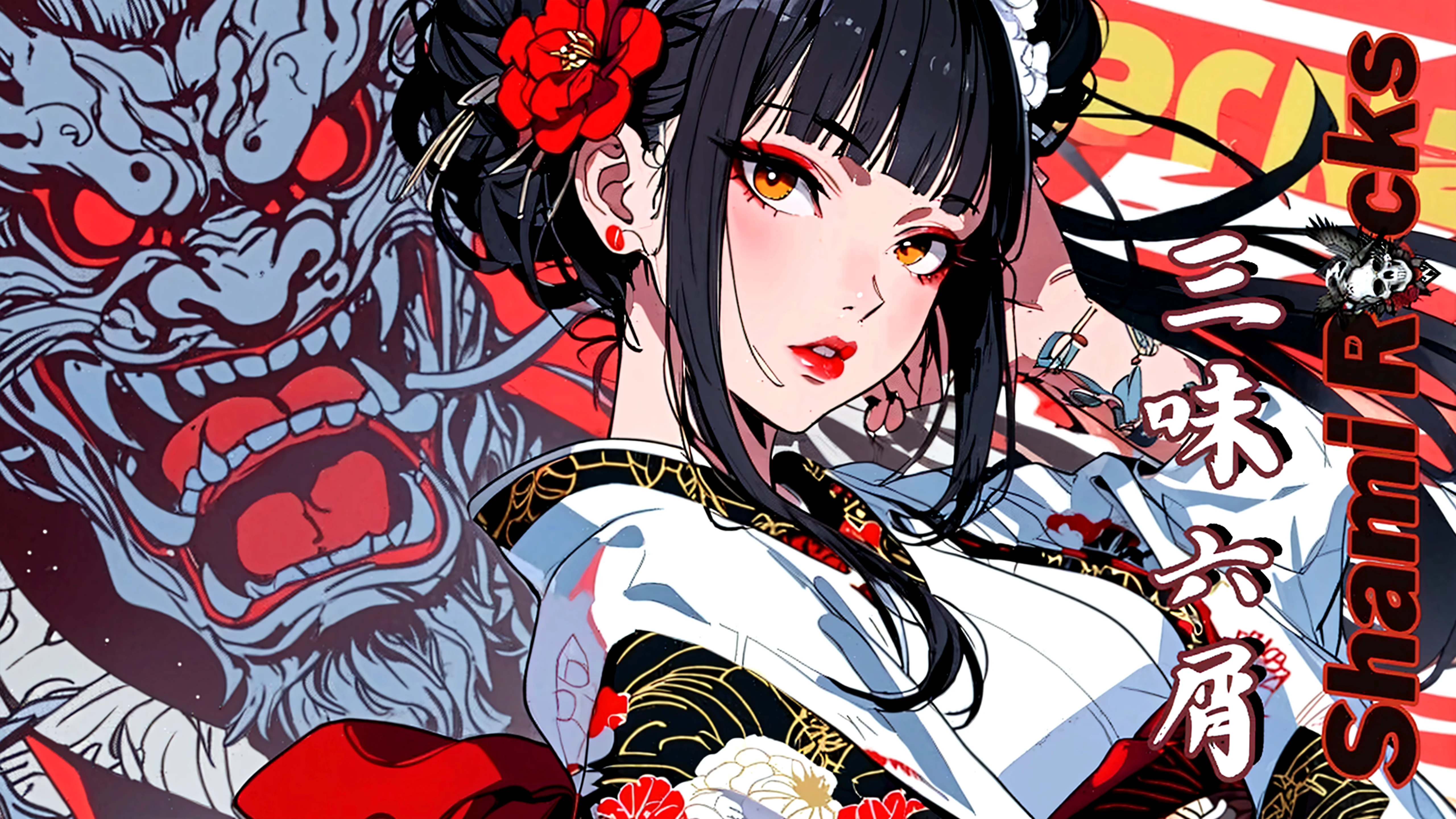 (((Ink Painting))), (((front view))), Fashion portrait color photos, (((1 girl))), (((Tattoo in the center of the forehead))), (((Very flashy hair accessories))), (((Very flashy makeup))), Japanese style headphones, devil, face close-up, Japanese beautiful girl, Black Hair, Delicate and precise, Modern ukiyo-e style, Put your hands on your face, Japanese flag