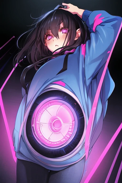 masterpiece, Best Quality, COMPLETE ANATOMY , Only 1 person,  hoodie in a blue and pink color scheme,  girl,  girl,  black hoodie,  black hair wearing a hoodie ,  dark eyes,  I have no light in my eyes,  virtual anime, Monochromatic eyes, Black Hair