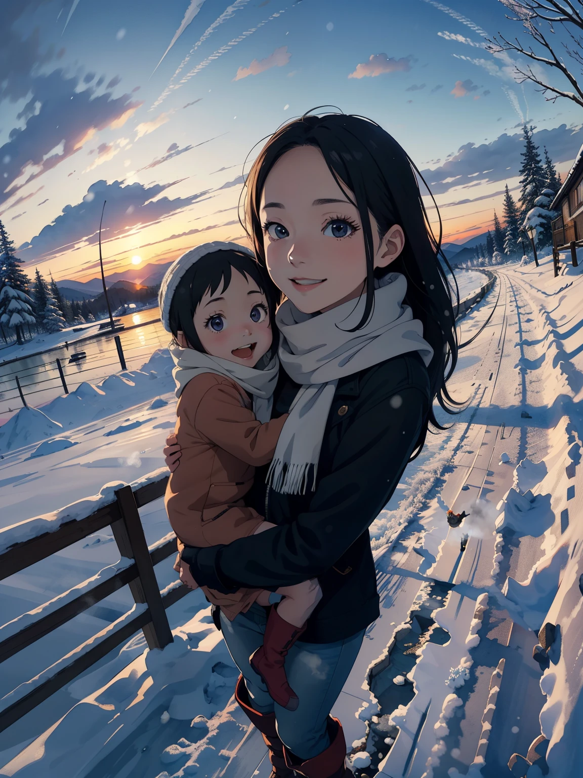 masterpiece，Best Quality， High image quality，( super flat ,  flat shading )， Fisheye Lens ，Beautiful petite trained young mother and very cute trained daughter:1.25， warm scarf， (naked)，Long Hair,  boots, smile, smile, White Breath，steam，fun, play, winter, snow, dusk， Beautiful Sunset ，Wide angle,  Vivid Colors, watercolor, Ghibli style，Strong winds， girl&#39;lure，