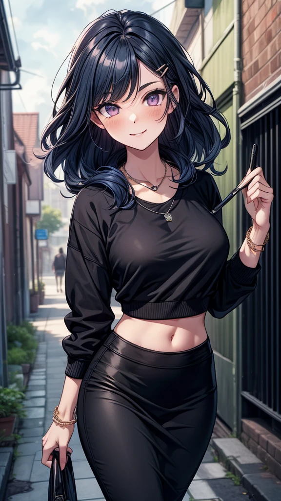 （（（best qualtiy，tmasterpiece））），highly  detailed，复杂，Beautiful cool avant-garde（（1girll）），独奏，，Wear a sleeveless cropped top，Lavender long braid hair，choker necklace，baggy jeans，Dystopian city alleys Smiling face