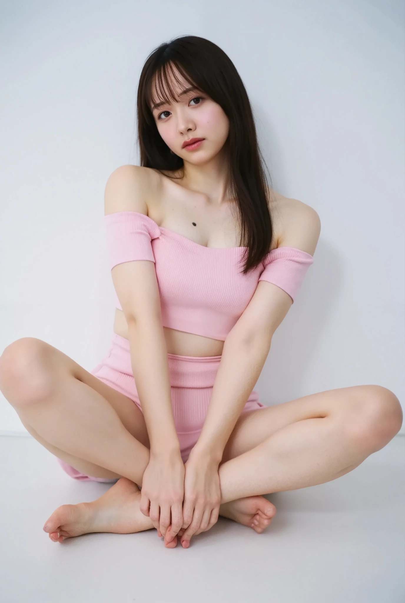 Full body shot from the front、Wear off-the-shoulder mini one-piece pajamas, bend your knees, spread your legs, take a cross-legged pose, and sit while looking at me, Slender bare legs 、smile、The background is a monotone 

