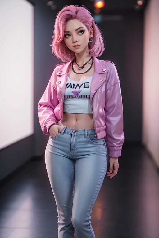 Young woman, light pink hair, violet eyes, short jacket,  ironic smile,  well-fitting blouse , tailored jeans ,  classic sneakers, face to the camera,  Dynamic Pose ,  masterpiece , super detail,  lyrics,  natural lighting ,  sharp focus,  ultra resolution ,  plain white background , without patterns, No textures. 