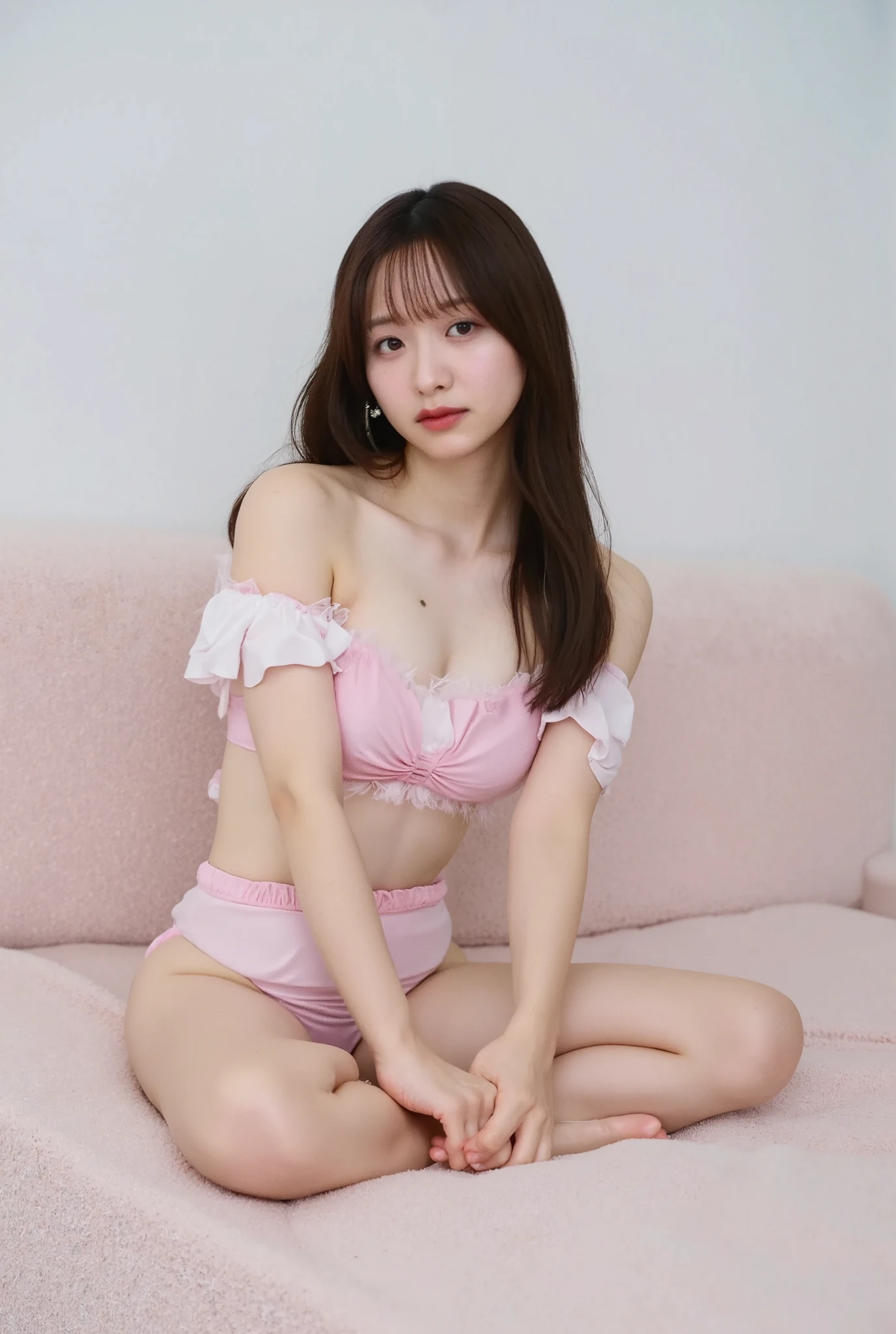 Full body shot from the front、Wear off-the-shoulder mini one-piece pajamas, bend your knees, spread your legs, take a cross-legged pose, and sit while looking at me, Slender bare legs 、smile、The background is a monotone 

