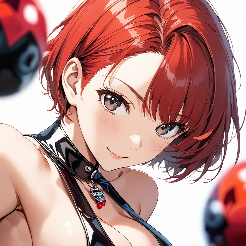 masterpiece, Best Quality, High resolution,16k,super detailed skin,detailed,animated painting, Takarada Rikka ,1990s \(style\),1 girl,Race Queen,(((berry short cut:2.0))),(red hair,swept-back:1.7),cropped hair,hair slicked leftback,(race queen costume:1.5),skull necklace,big black eyes,pointed eyes,long eyelashes,Muscular、(Navel exposed,clevage:1.5),(F cup beautiful breasts)、25years old, (tall:1.2),height: 175cm,Sexy long legs,Fashion model body type,solo,big laugh,happy、Shy、Shyness,Cool look,blush,Anime-style painting style,A composition that shows the upper body,front view,looking at viewer,cinematic lighting,(simple white background:1.5)、(sexy:1.5) ,(closeup:1.2),dynamic angle