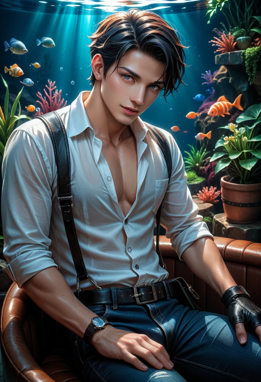 (score_9, score_8_up, score_7_up) a man with an elongated face  ((with dark gray eyes)),  black short hair , in a white shirt unbuttoned at the chest, with a holster , shirt tucked into black jeans,  He wears black leather gloves without fingers,  sitting on a chair in a very dark room in the background (full-wall aquarium ,  A beautiful blue elite aquarium , with little fishes), esthetically pleasing, beautiful, realistic, close-up, professional photo, 4K, high resolution, high detail, 30mm lens, 1/250s, ISO 100, pixel graphics, bright lighting,