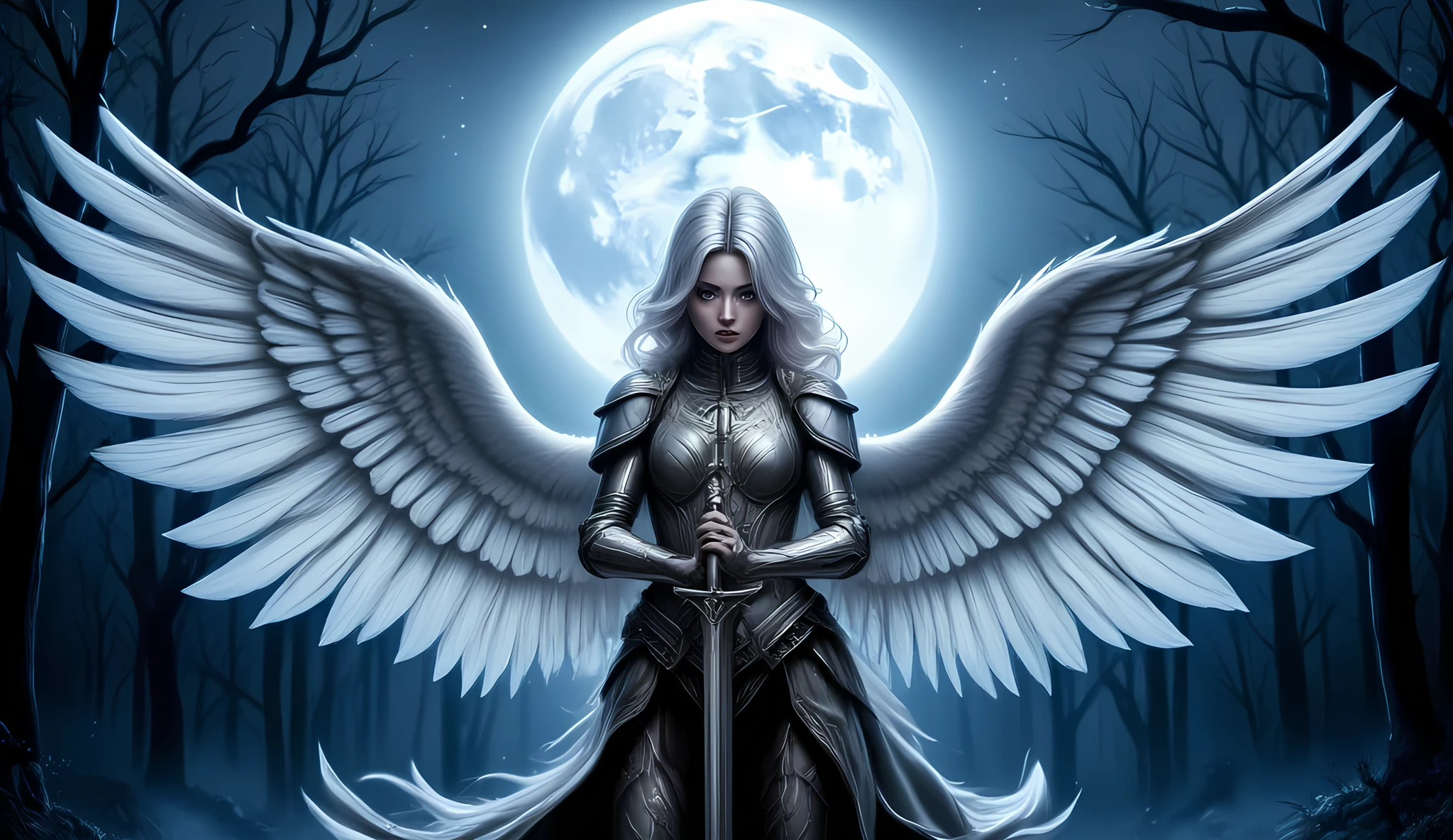 an epic fantasy art portrait of aasimar, female, paladin ready for battle under the full moon, holy warrior, spread large feathered wings, majestic wings, white angelic wings spread (Masterpiece, intense details: 1.5), moon light, moon, stars, clouds, holy symbol, armed with a divine sword, wearing holy armor, dynamic hair color, dynamic hair style, dynamic skin complexion, dark fantasy (forest background: 1.3), anatomically correct (Masterpiece 1.3, intense details), angel_wings, determined face, god rays, cinematic lighting, glowing light, silhouette, from outside, photorealism, panoramic view (Masterpiece 1.3, intense details) , Wide-Angle, Ultra-Wide Angle, 16k, highres, best quality, high details, 16K, ultra detailed, masterpiece, best quality, (extremely detailed), arafed, dnd art, portrait, full body,  hyp3rd3tail style, ral-ertmsphr