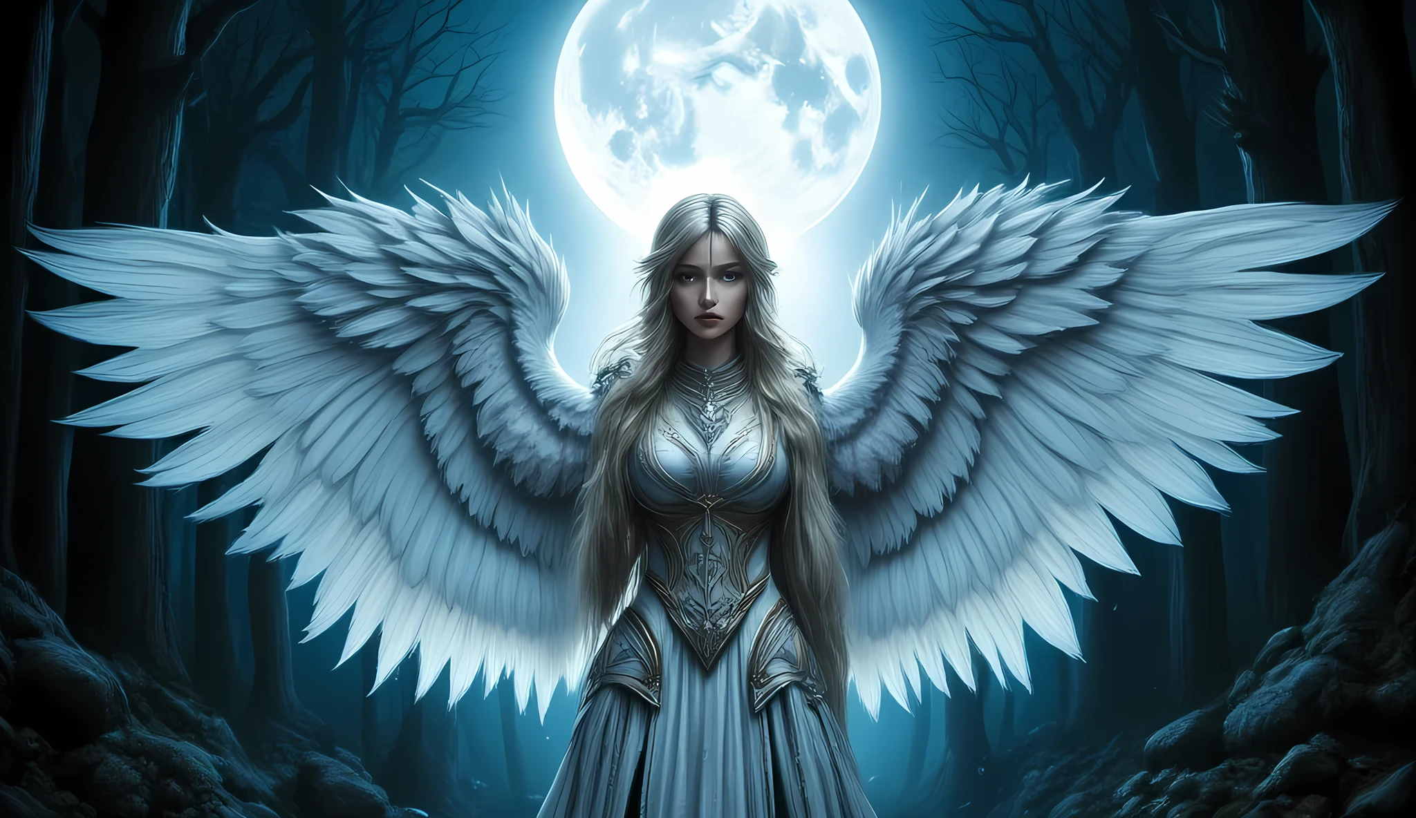 an epic fantasy art portrait of aasimar, female, paladin ready for battle under the full moon, holy warrior, spread large feathered wings, majestic wings, white angelic wings spread (Masterpiece, intense details: 1.5), moon light, moon, stars, clouds, holy symbol, armed with a divine sword, wearing holy armor, dynamic hair color, dynamic hair style, dynamic skin complexion, dark fantasy (forest background: 1.3), anatomically correct (Masterpiece 1.3, intense details), angel_wings, determined face, god rays, cinematic lighting, glowing light, silhouette, from outside, photorealism, panoramic view (Masterpiece 1.3, intense details) , Wide-Angle, Ultra-Wide Angle, 16k, highres, best quality, high details, 16K, ultra detailed, masterpiece, best quality, (extremely detailed), arafed, dnd art, portrait, full body,  hyp3rd3tail style, ral-ertmsphr