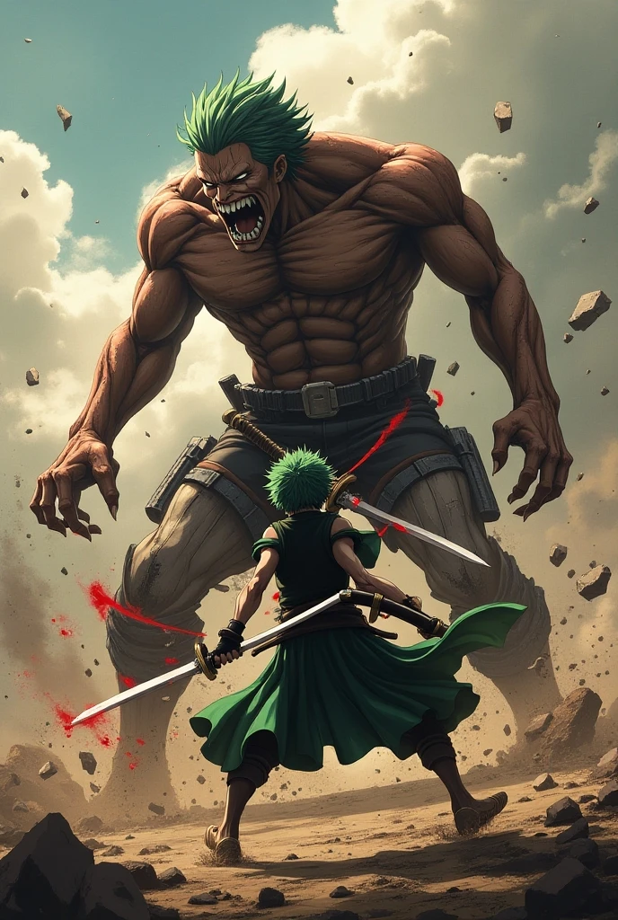 Imagining "Giant Zoro" in the world of "Attack on Titan" paints a vivid picture of an imposing and relentless warrior. Enlarged to Titan proportions, Zoro's recognizable green hair and three swords would remain his distinguishing features. His muscular physique and intense gaze would exude a commanding presence, mirroring the gravitas of the Titans. Armed with his trio of swords, he'd slash through Titans with precision and power, channeling the resolve of the Survey Corps. This colossal Zoro would epitomize strength, dedication, and a unwavering commitment to protecting humanity from the Titan onslaught.made in octane, cinematic, ultra-realistic, extremely detailed octane rendering, 8k,dramatic lighting ray tracing reflections, unreal render