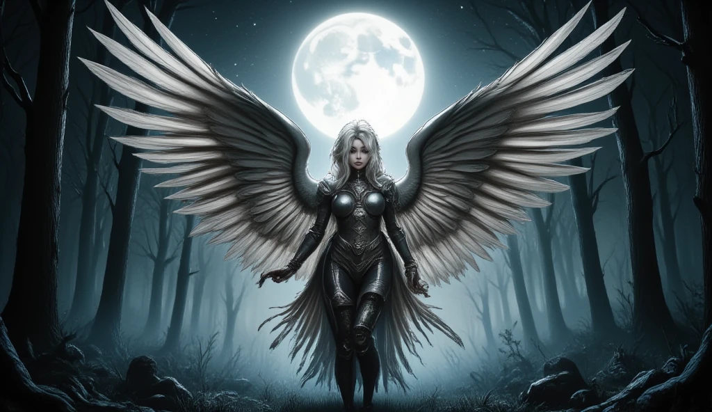 an epic fantasy art portrait of aasimar, female, paladin ready for battle under the full moon, holy warrior, spread large feathered wings, majestic wings, white angelic wings spread (Masterpiece, intense details: 1.5), moon light, moon, stars, clouds, holy symbol, armed with a divine sword, wearing holy armor, dynamic hair color, dynamic hair style, dynamic skin complexion, dark fantasy (forest background: 1.3), anatomically correct (Masterpiece 1.3, intense details), angel_wings, determined face, god rays, cinematic lighting, glowing light, silhouette, from outside, photorealism, panoramic view (Masterpiece 1.3, intense details) , Wide-Angle, Ultra-Wide Angle, 16k, highres, best quality, high details, 16K, ultra detailed, masterpiece, best quality, (extremely detailed), arafed, dnd art, portrait, full body,  hyp3rd3tail style, ral-ertmsphr