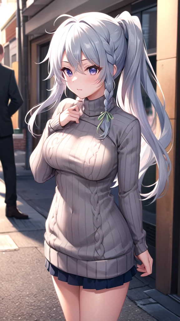 masterpiece, best quality, highres, aasora, braid, long hair, side ponytail, hair ribbon, (sweater dress:1.1), virgin killer sweater, ribbed sweater, turtleneck, street, standing, cowboy shot