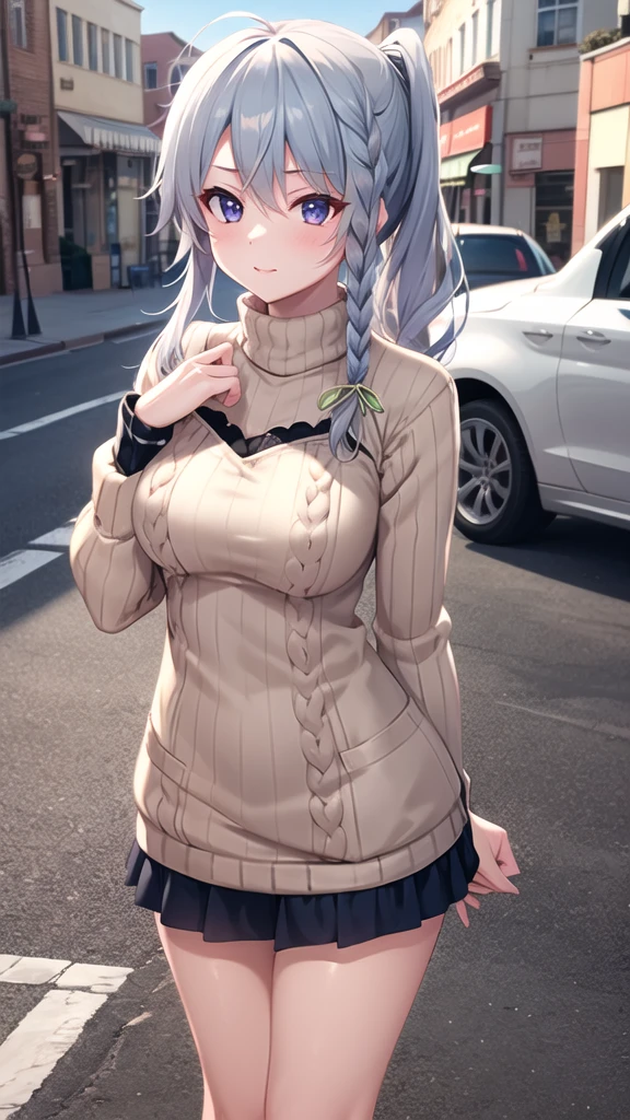 masterpiece, best quality, highres, aasora, braid, long hair, side ponytail, hair ribbon, (sweater dress:1.1), virgin killer sweater, ribbed sweater, turtleneck, street, standing, cowboy shot