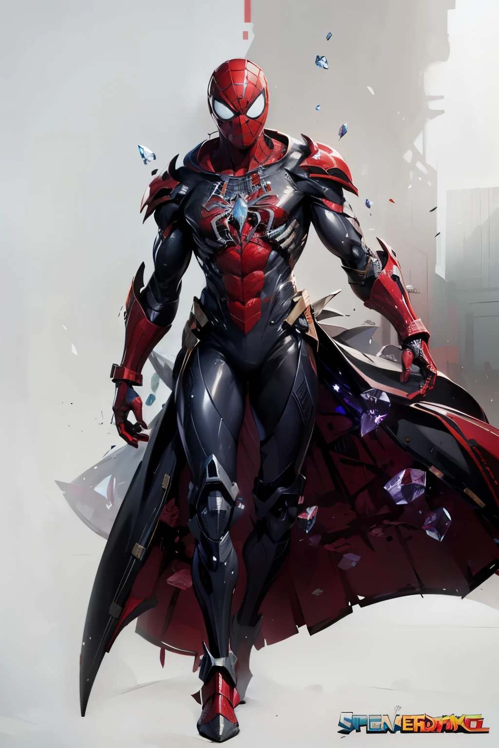 1 chico, full body, red and black armor, crystal in chest, hoodie, long sleeve coat, Masterpiece, high quality, jk style, Spiderman, was a mecha, Muscle tissue, exoskeleton, crystal core.