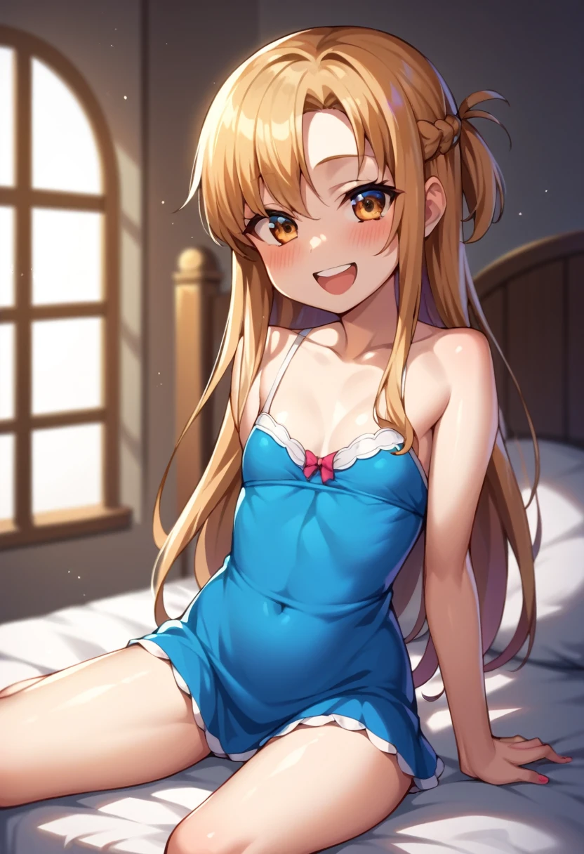 ((Best Quality)), ((masterpiece)), (be familiar with),  perfect face, indoor, bedroom,  watching viewers ,
One woman,  Asuna Yuki,
 characters with open mouth ,  ecstatic expression, blush, smile,
Small breasts,  flat chest, Young girl, Lori,  kids,  girl,
Long Hair,  long hair,
Leg spread,