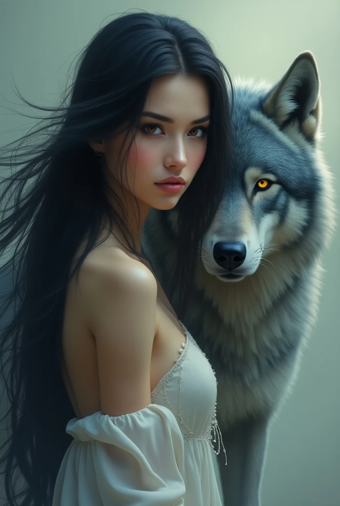 In this unparalleled masterpiece crafted in 8K resolution, the artist delves deep into the intricate connection between humanity and the untamed beauty of nature. Every detail is meticulously rendered, from the woman's mesmerizing eyes and delicate lips to the wolf's intense gaze, capturing the essence of their emotional bond.
Set against the backdrop of a forest bathed in sunlight, the scene exudes an otherworldly aura, drawing viewers into its mysterious and enchanting setting. The woman's long wavy hair dances in the wind, reflecting the wild and untamed atmosphere that surrounds them.
Through expert use of natural lighting and a dark, dramatic color palette, the artist evokes a sense of wonder and awe, transporting viewers into a surreal and dreamlike realm. The impeccable rendering and attention to detail showcase the perfect harmony between nature and the human spirit, celebrating the strength and vulnerability inherent in both characters.
As the woman reaches out to touch the wolf, a powerful emotional connection is forged, symbolizing the deep bond between humanity and the natural world. This unforgettable moment captured by the artist tells a story of storytelling and emotion, speaking directly to the soul and celebrating the wild and free spirit that resides within us all.