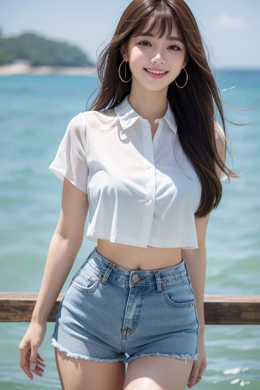 Look at this and smile、Colorful summer clothes、top quality、masterpiece、超High resolution、(actual:1.4)、Very wide lens、close up、Young woman beautiful、Nice detailed eyes and skin、smile、Short brown hair haircut、bust、Small necklace、、straw fedora hat、、Summer sky、(highest image quality: 1.35), high quality, Realistic photo, (A beautiful woman:1.33), beautiful expression, (delicate eyes:1.3), (delicate face:1.3), Smile, (light hair silhouette:1.2), Super detailed , high resolution, Athletic figure, (big breasts:1.25), (long hair:1.2), (beautiful woman), (Cute navel:1.2), ( Depth of field f/1.8:1.45 ), sharp focus, original image , (Thin white shirt:1.45), (Thin white pants:1.4), (Thin white tight pants:1.4 ), (shirt thin white eyelashes:1.4), (thick thighs:1.5), (forward facing:1.25), (cowboy photo:1.4), (night sports:1.4), ( dark sky:1.5 ),