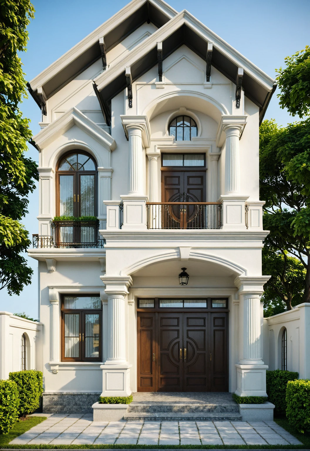 The image depicts a neoclassical two-story house with a white facade and tiled roof. Key features include:

- **Structure and Design:** Rectangular shape, elegant neoclassical details like decorative moldings and a small balcony.
- **Roof:** Dark-colored tiled roof with decorative finials.
- **Entrance:** Large arched doorway with carved wooden double doors and formal steps.
- **Windows:** Dark-framed, regularly spaced for symmetry.
- **Balcony:** Ornate metal railing and space for potted plants, covered by a white pergola.
- **Landscaping:** Greenery including trees and shrubs softens the architecture; stylized trees near the entrance.
- **Wall and Gate:** Low decorative wall encloses the property with a likely gate for access.

Overall, the house exudes classic elegance, complemented by landscaping and promotional context in Vietnamese., Best Quality,Masterpiece, UHD, 8k, Stunning,Eye-catching,Sharp edge render, Award winner design in 2024, Photorealistic, High-Resolution, Detailed, Accurate, Vibrant, Dynamic Lighting, Textured, Perspective, Atmospheric, Contextual, Balanced Composition, Material Realism, Interactive, Immersive, Narrative, Minimalist