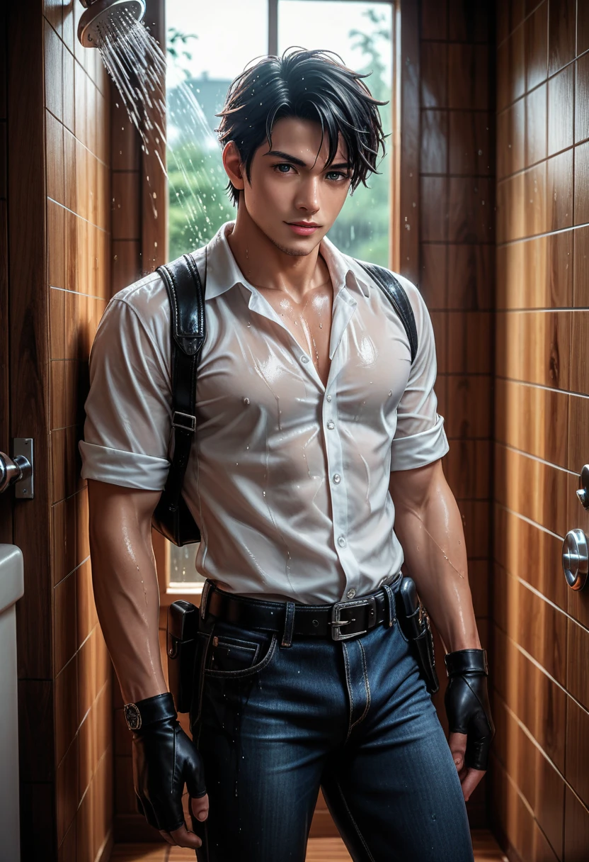 (score_9, score_8_up, score_7_up) a man with an elongated face  ((with dark gray eyes)),  black short hair ,  in a white shirt, unfastened on the chest , with a holster , shirt tucked into black jeans,  He wears black leather gloves without fingers,  in the hands of a black gun , , standing in the shower cabin, water is pouring on a man ,  The shower room is designed in black style ,  Dim light , elite bathroom ,  modern shower , , esthetically pleasing, beautiful, realistic, close-up, professional photo, 4K, high resolution, high detail, 30mm lens, 1/250s, ISO 100, pixel graphics, bright lighting,