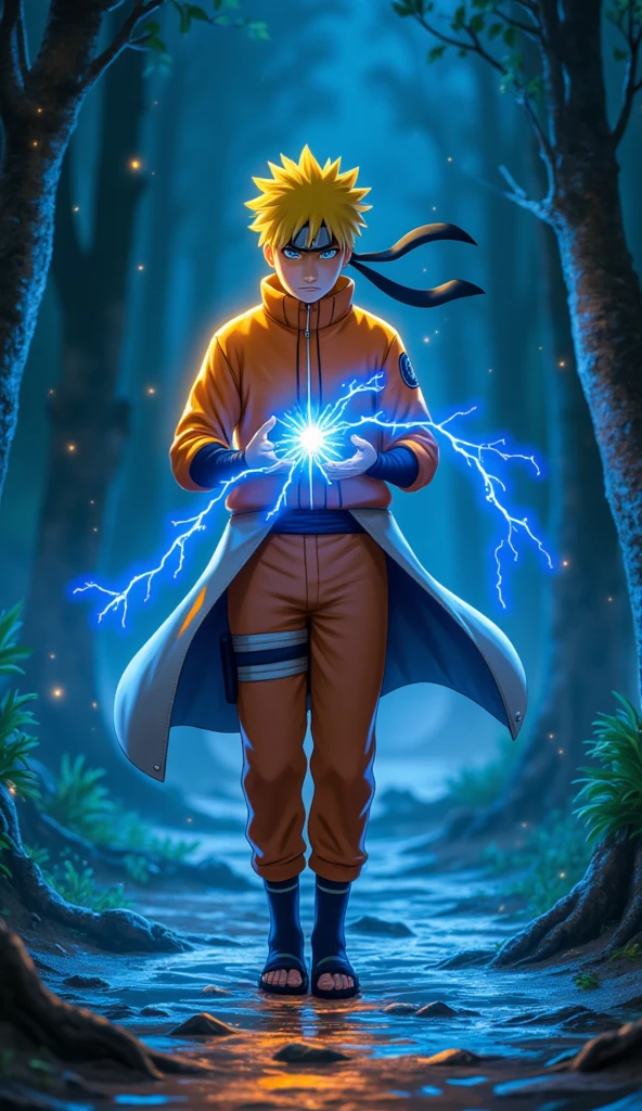 Naruto with bright blue, intense eyes, glowing with power as he performs Rasengan, his spiky blond hair illuminated by bright yellow highlights. He stands in a neon-lit forest, surrounded by particles of light and sparkling water droplets, with vivid blue and orange reflections that intensify his determined expression.