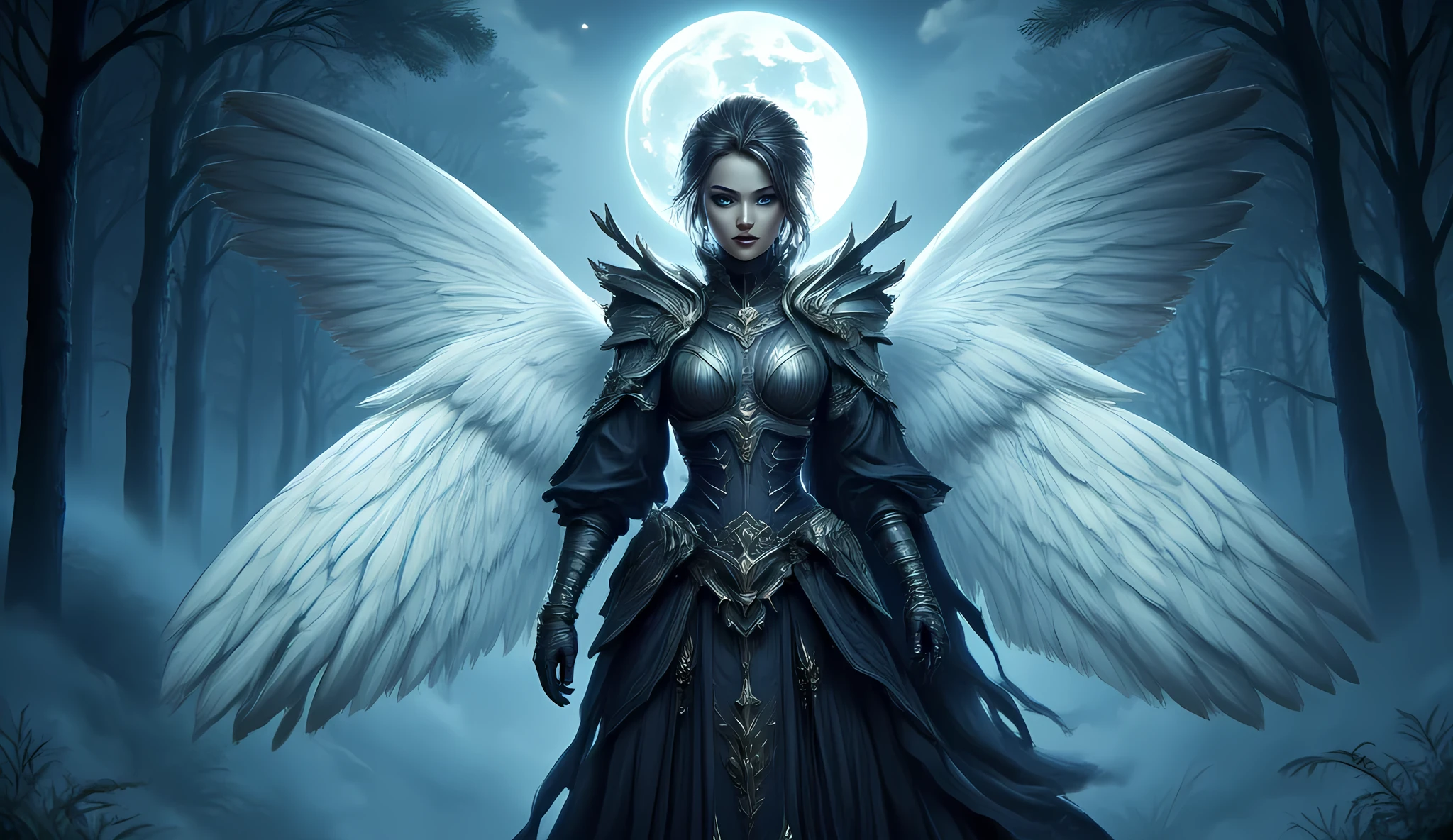 an epic fantasy art portrait of aasimar, female, paladin ready for battle under the full moon, holy warrior, spread large feathered wings, majestic wings, white angelic wings spread (Masterpiece, intense details: 1.5), moon light, moon, stars, clouds, holy symbol, armed with a divine sword, wearing holy armor, dynamic hair color, dynamic hair style, dynamic skin complexion, dark fantasy (forest background: 1.3), anatomically correct (Masterpiece 1.3, intense details), angel_wings, determined face, god rays, cinematic lighting, glowing light, silhouette, from outside, photorealism, panoramic view (Masterpiece 1.3, intense details) , Wide-Angle, Ultra-Wide Angle, 16k, highres, best quality, high details, 16K, ultra detailed, masterpiece, best quality, (extremely detailed), arafed, dnd art, portrait, full body,  hyp3rd3tail style, ral-ertmsphr